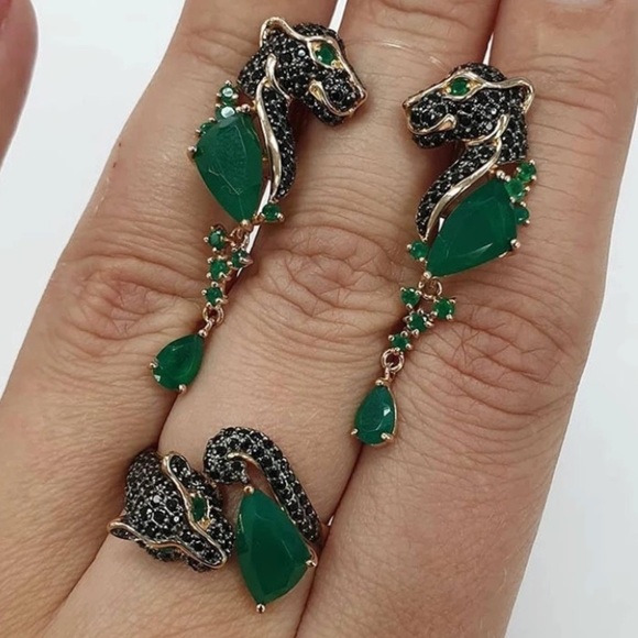 Leopard Emerald Black Onyx Marquis Ring Earrings Matching Set - Picture 1 of 5